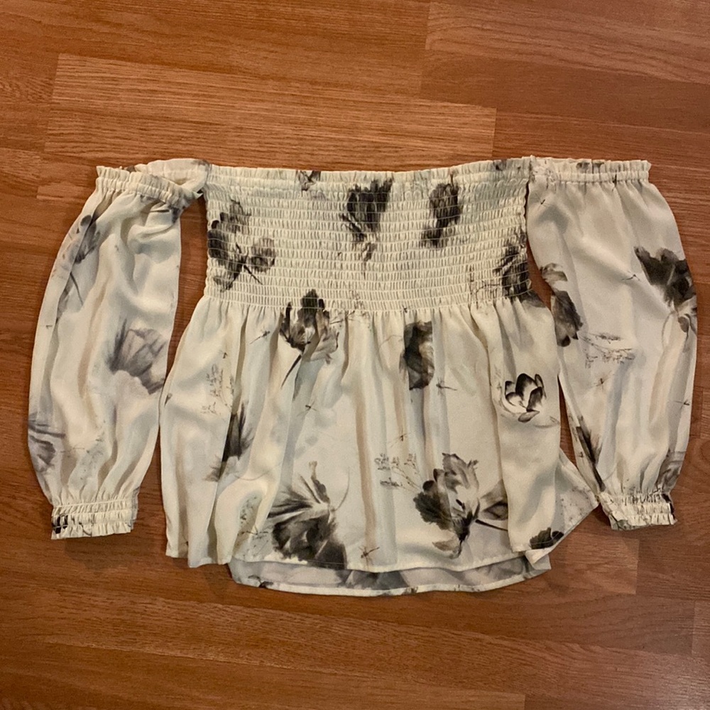 Express Floral Off the Shoulder Elastic Ruched Blouse